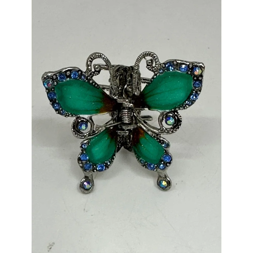 VTG Butterfly Hair Claw Clip Green Blue Rhinestone Silver Tone Enamel Wings